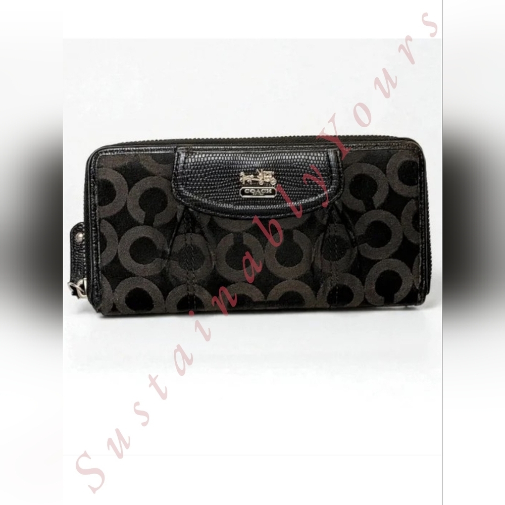 Coach Black & Brown Signature Zip Around Wallet Leather Trim Excellent Condition